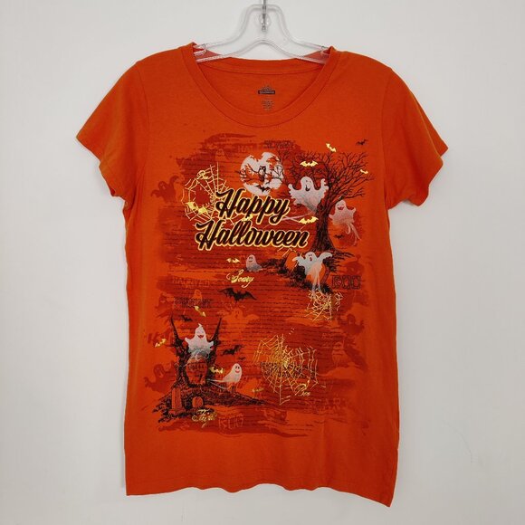 Way To Celebrate Halloween Women's Tshirt Medium Cotton Orange Print Black Gold - Picture 1 of 9
